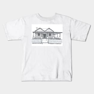 Australian Brick Homestead Old House Pen & Ink Greyscale Black & White Drawing. Kids T-Shirt